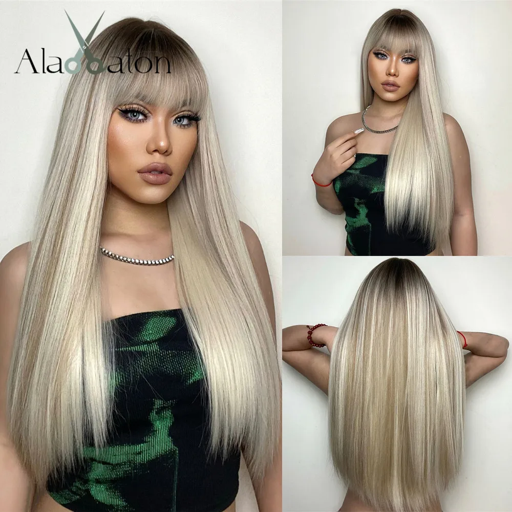 ALAN EATON Long Platinum Blonde Straight Wigs with Bangs Synthetic Light Blonde Heat Resistant Natural Women Daily Cosplay Hair