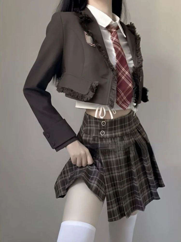 

2023 Autumn Fashion Y2k 3 Piece Set Skirt Woman Short Blazer + White Casual Shirt + Slim Plaid Mini Skirt Spicy Girls Korea Suit