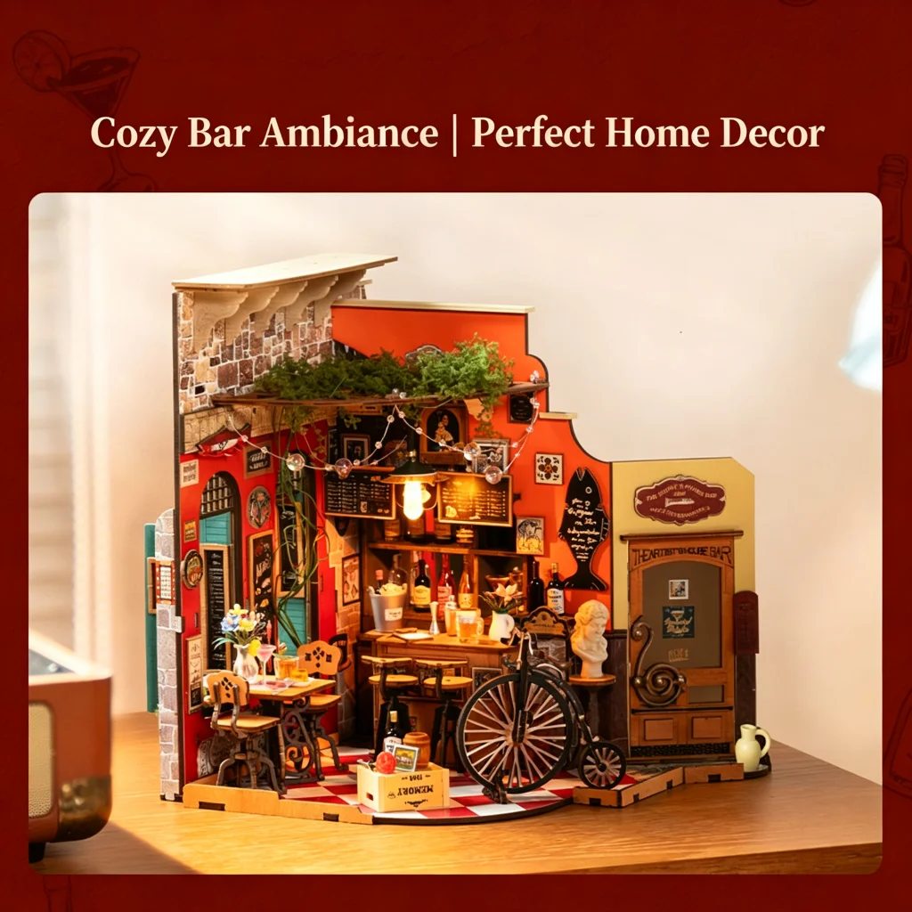 Wooden DIY Mini Bar Model Kit –Cheers Pub Building Set with LED Lights,Micro Scene Craft Toy for Home Office Decor,Birthday Gift