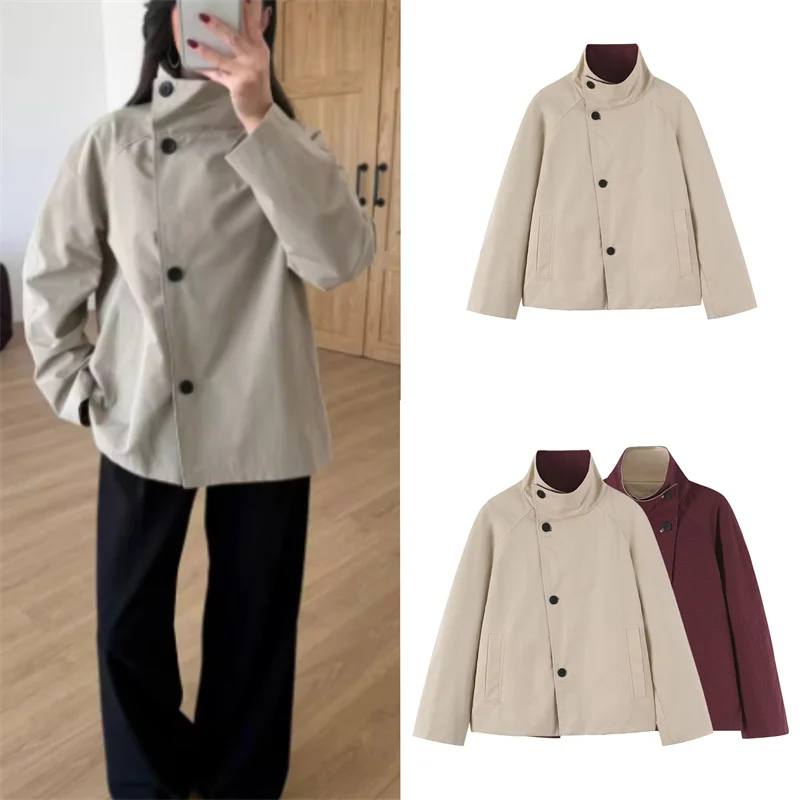 Guobioziy Women's Jacket 2026 Fall/Winter New Simple Versatile Long-Sleeve Stand Collar Reversible Short Trench Coat