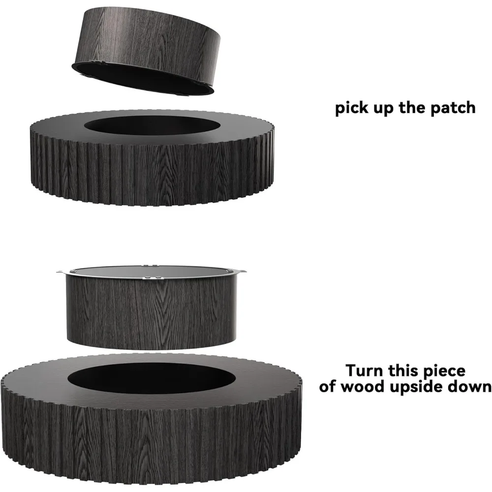 طاولة قهوة مستديرة على طراز المزرعة الحديثة من خشب الجوز الأسود مع تفاصيل منحوتة حرفية لغرفة المعيشة