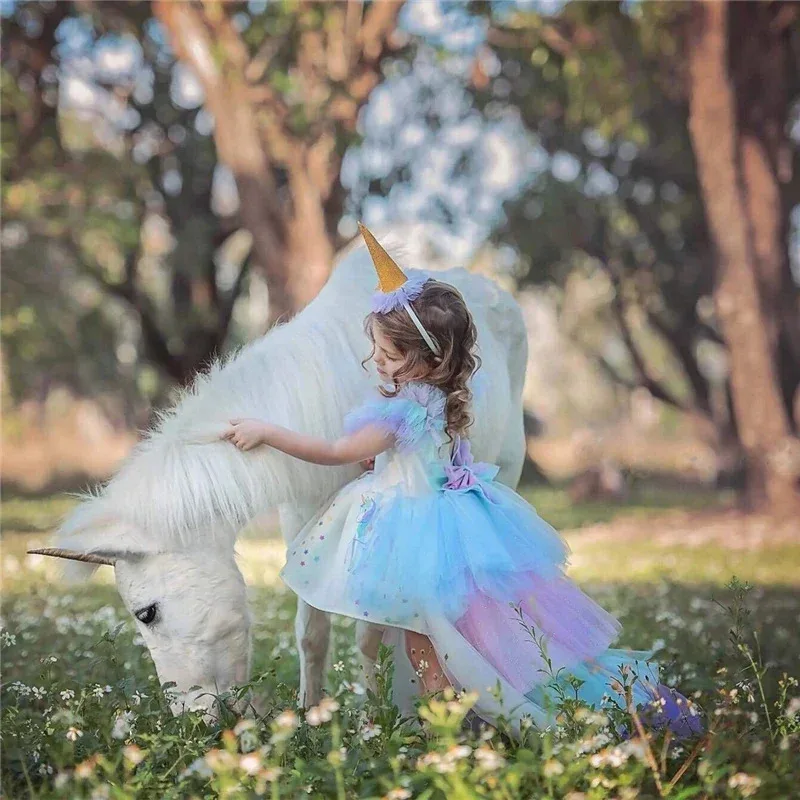 A Christmas Girls Unicorn Dress Costume with Long Tail Wings Wig Hairband Baby Princess Birthday Party Halloween Kid Horse Cloth