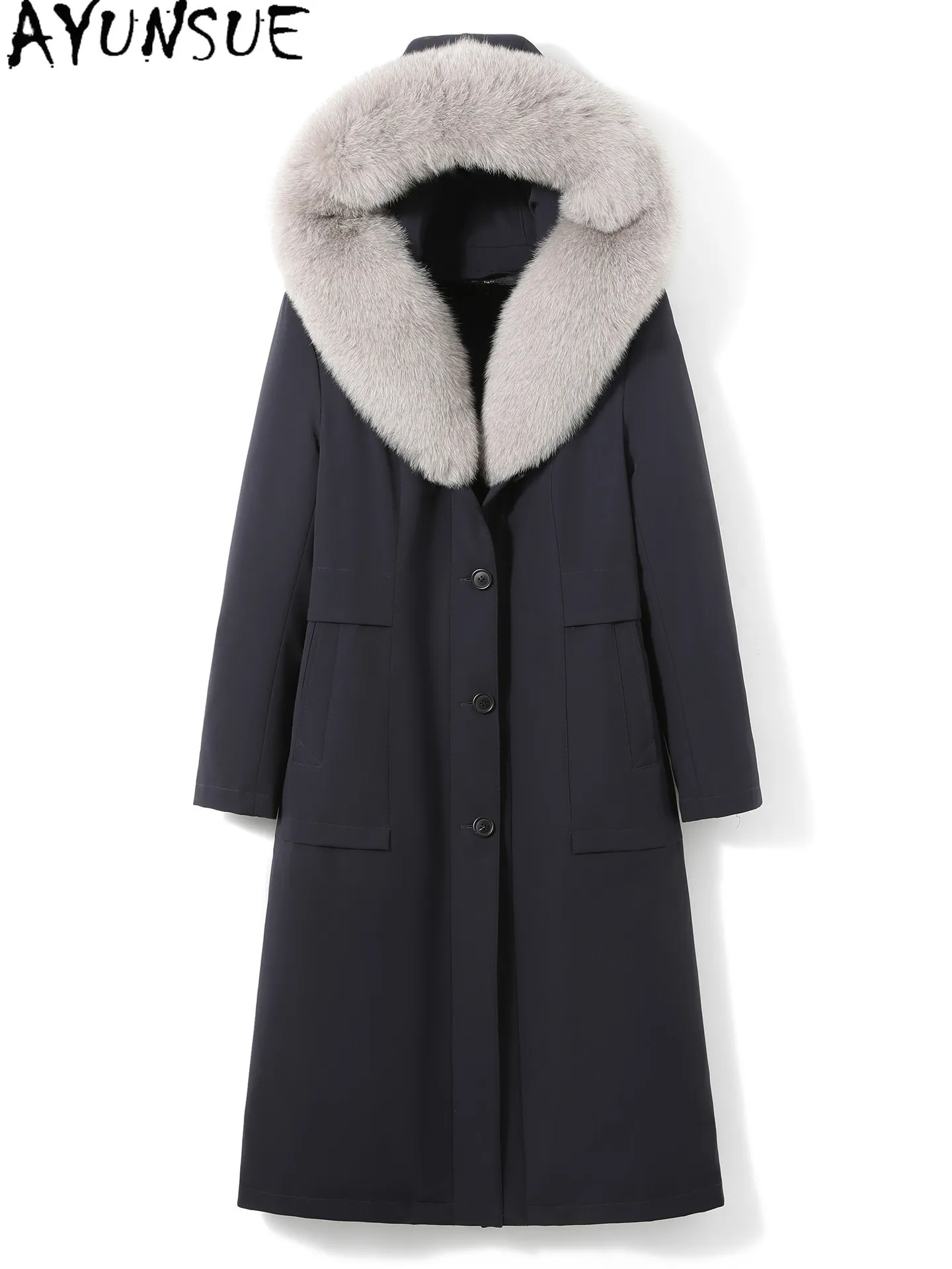 AYUSNUE Natural Whole Mink Coat Women 90% White Goose Down Filler Winter Clothes Woman Fashion Real Fur Parka Fox Fur Collar