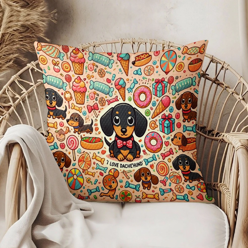 Square Throw Pillow Case Peach Dachshund Love Dachshund Dog Candy Bone Ice Cream Donut Pattern Living Room Sofa Bedroom Home Dec