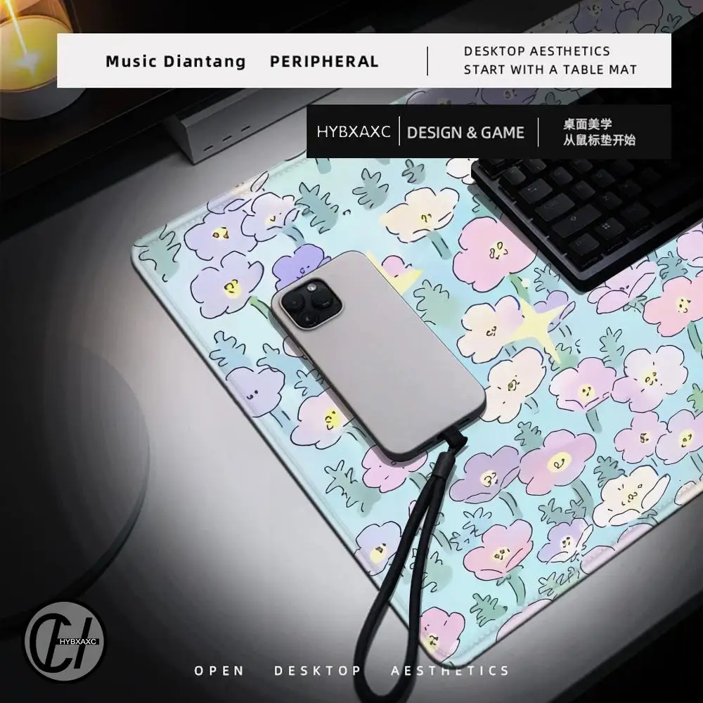 HYBXAXC Cute White Dog Floral Large Mouse Pad Pastel Blue Pink Flower Mat Keyboard for Girls for Computer Keyboard Home Office