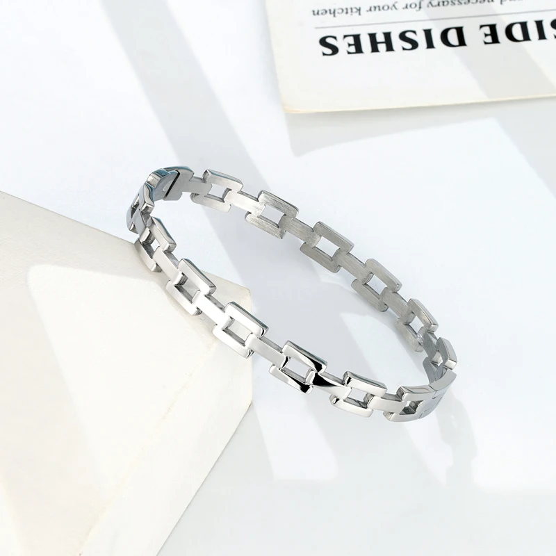 Width 4mm And 6mm Simple Square Connected Shape Bangle Stainless Steel Women Brand Jewelry For Everyday Wear Bracelet