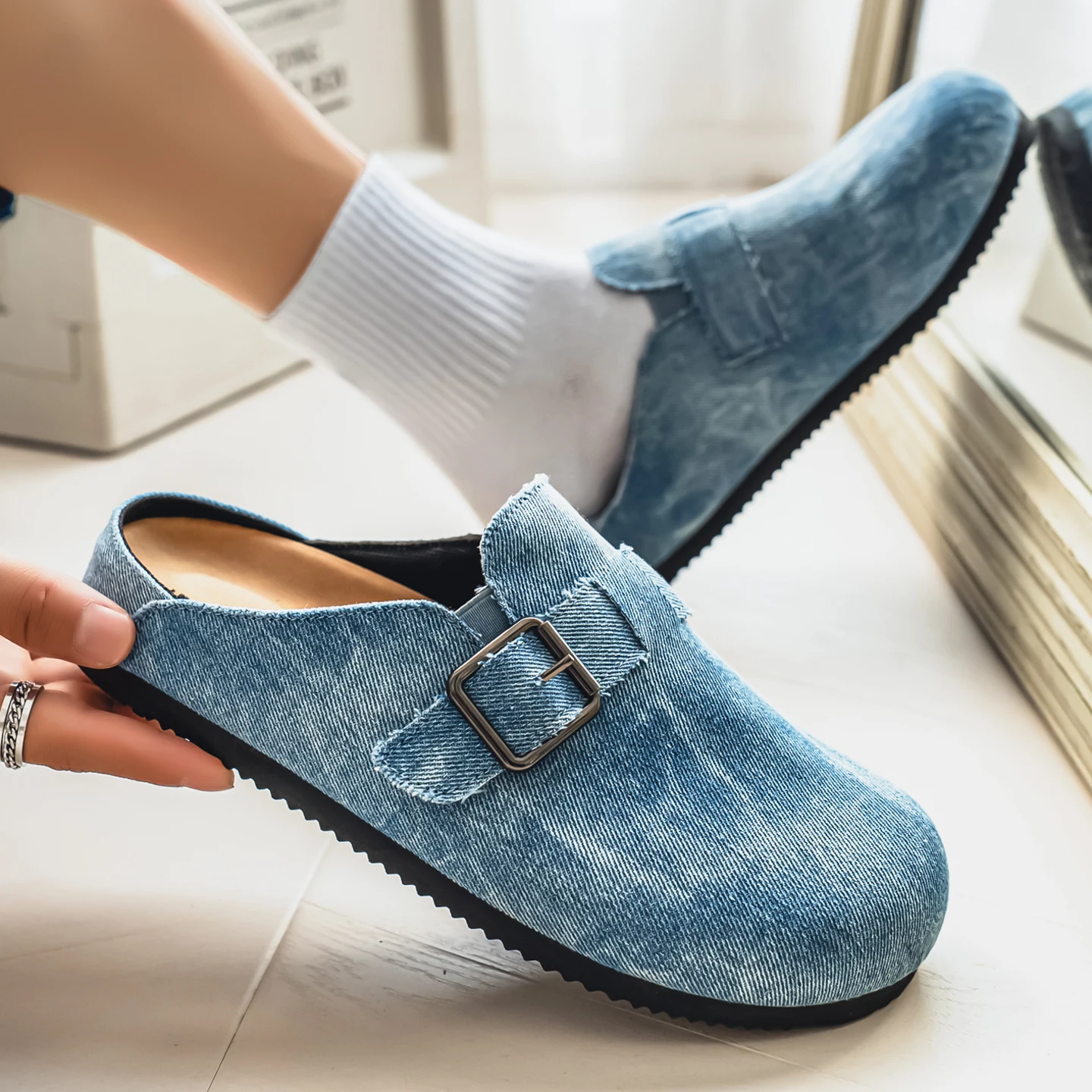 

Summer New Men Plus Size Closed Toe Mules, Vintage Washed Denim Slippers, Light Non-slip Slip-on Lazy Shoes