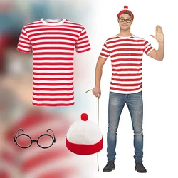 Wheres Waldo Family Wally przebranie na karnawał krótkie rękawy okulary i kapelusz skarpetki dzieci dorośli Halloween karnawał przebranie na karnawał