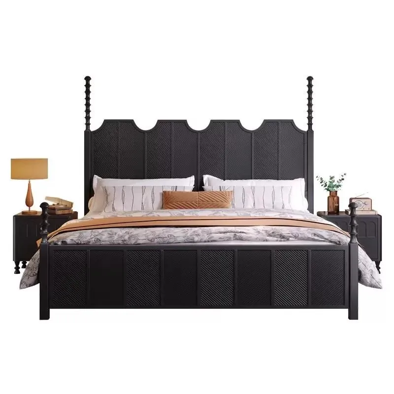 

French medieval solid wood bed 1.8 meters double bed black minimalist master bedroom 1.5 single bed air pressure storage wedding
