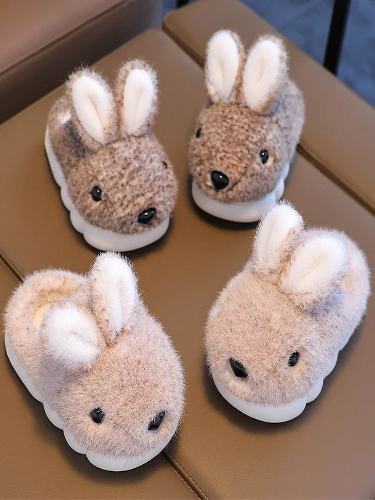 Chinelos peludos de inverno para meninos e meninas chinelos quentes de algodão de coelho peludo