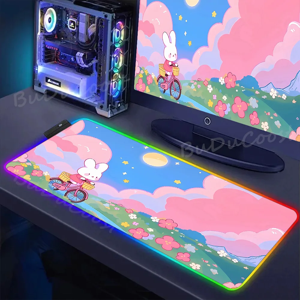 Big Keyboardpad LED Backlight Pink Mousepad Cute Deskpad Kawaii Bunny RGB Mice Mat Office Table Mat Non-Slip Rubber Mouse Pad XL