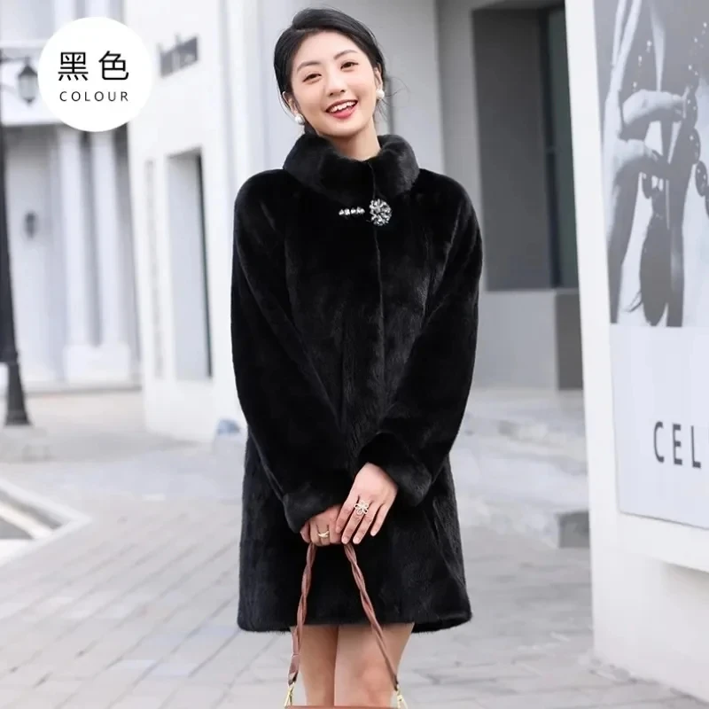 2023 New Mink Fur Coat Women Golden Diaorong Outwear Winter Fur-Fur Integration Overcoat Stand-UP Collar Furs Jacket Female Top