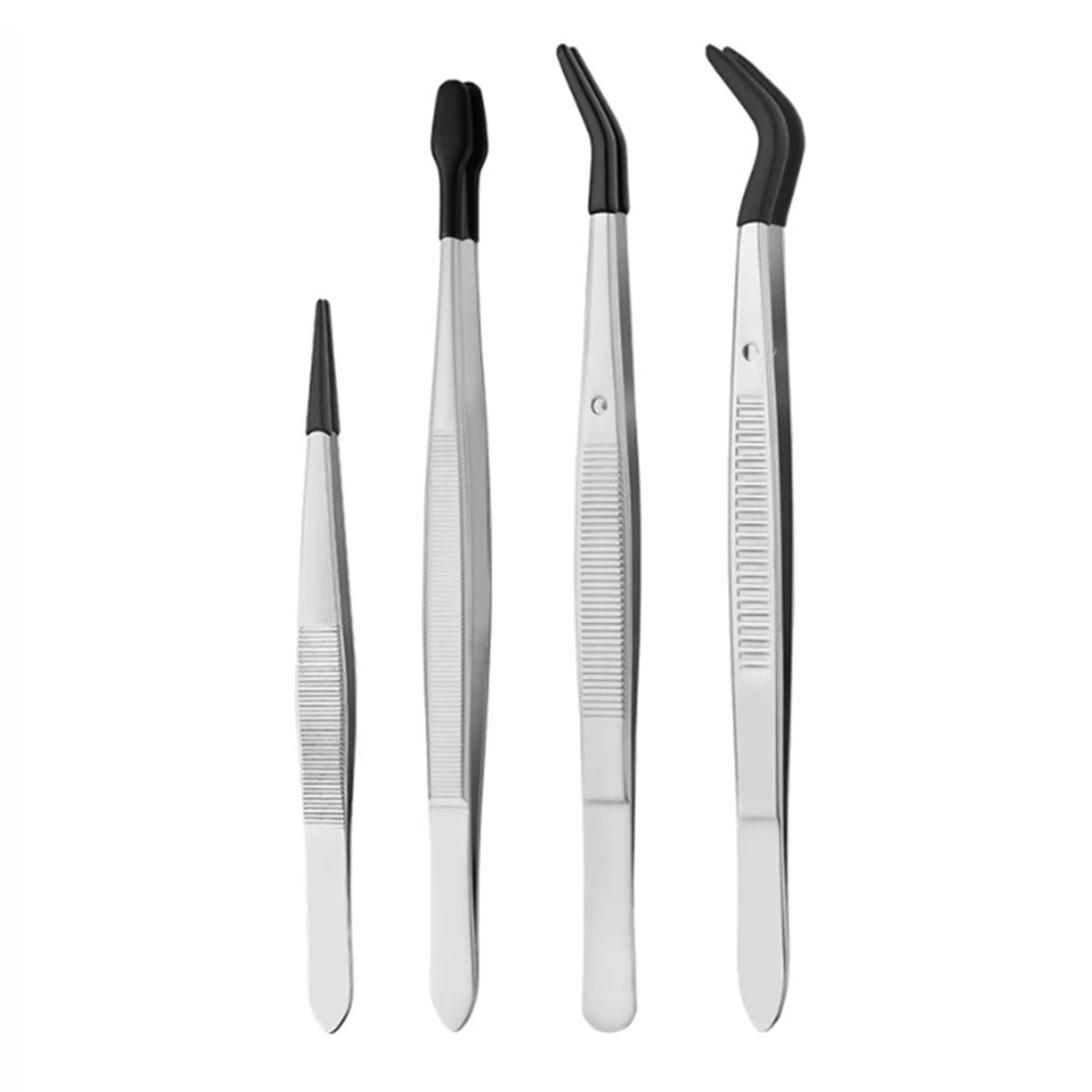 4Pieces Tweezers with Rubber Tips Tweezers PVC Coated Tweezers Set, Rubber Straight/Flat Tip Tweezer Bent Tweezers Black