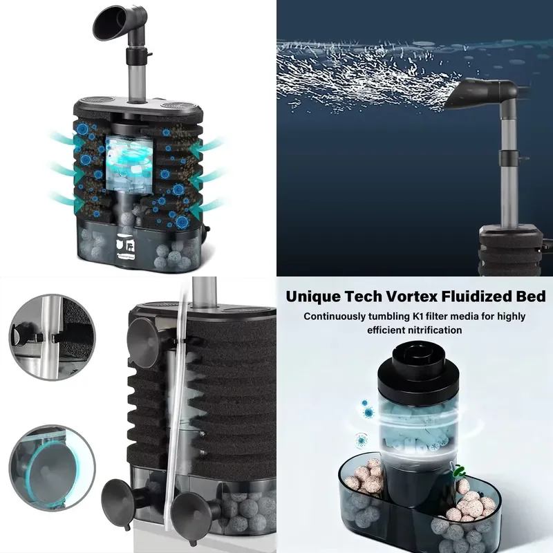 Vortex Fluidized Bed Pneumatic Sponge Filter 4 in 1 Aquarium Filter Pump for Fish Tank Water Purification and Oxygenation