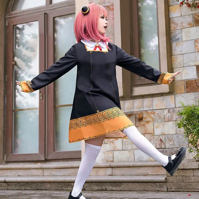 Disfraz de Cosplay de Anime SPY FAMILY Anya Forger para niños y mujeres, vestido negro Kawaii, ropa de fiesta, peluca