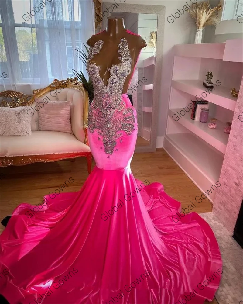 Robe de Rhlongue rose à col rond pour filles noires, cristal perlé, robes de fête d\'anniversaire, robe de soirée en biscuits, robe personnalisée,