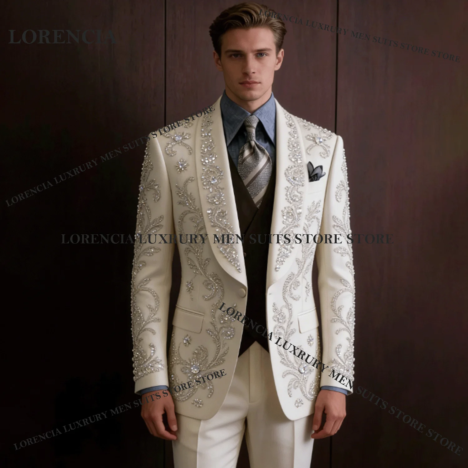 

Customized Beading Jewelry Suit For Men Luxury Groom Party Male Blazer 3 Piece Sets Fashion Slim Fit Tuxedos Wedding Ropa Hombre