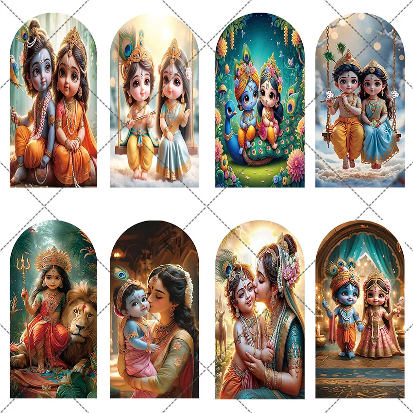 

Mehofond Custom 2-Sided India Yashoda and Krishna Peacock Kids Birthday Baby Shower Covers Chiara Arch Background Decor Backdrop