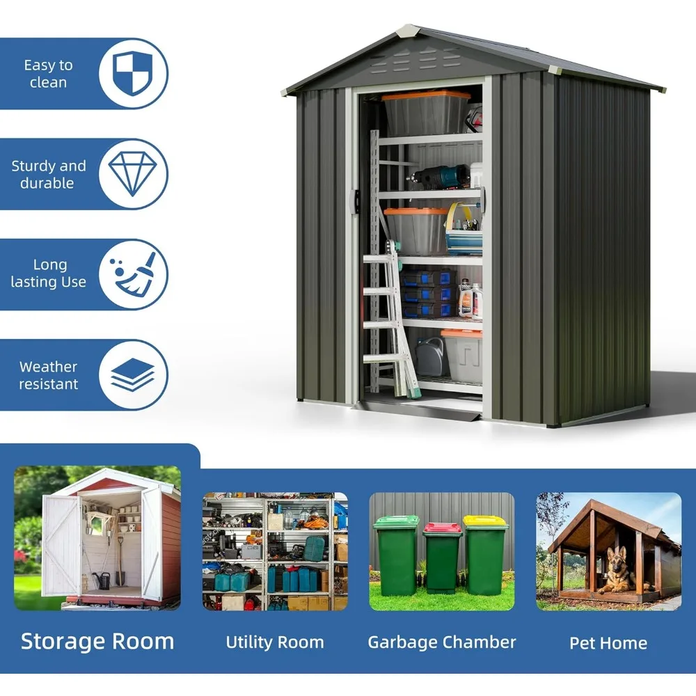 سقيفة تخزين خارجية معدنية مقاس 5 × 3 أقدام مع تصميم مقاوم للماء ونافذة وأبواب مزدوجة قابلة للقفل