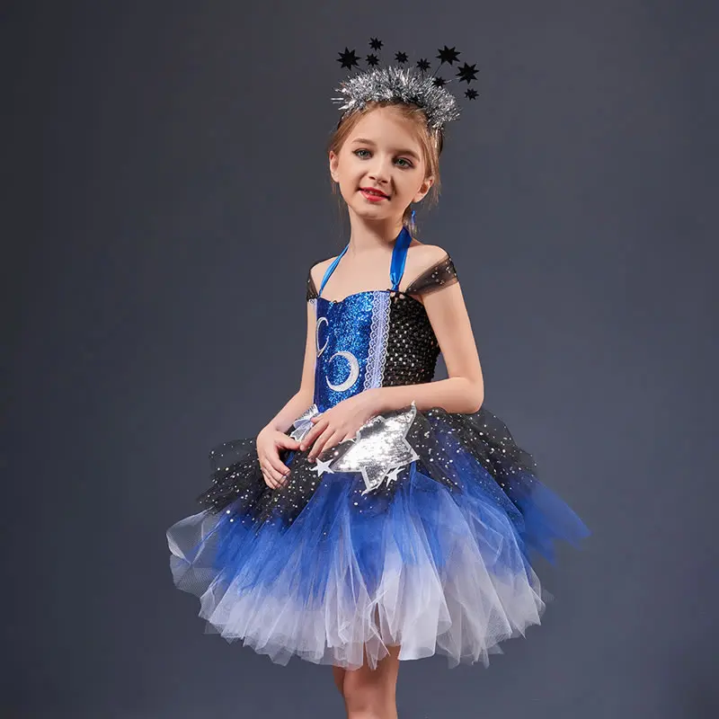 Halloween Costume For Baby Girl Lace TUTU Dress Kid Sling Up Star Moon Sequins Dance Tunic+Headband 2pcs Set Child Frock