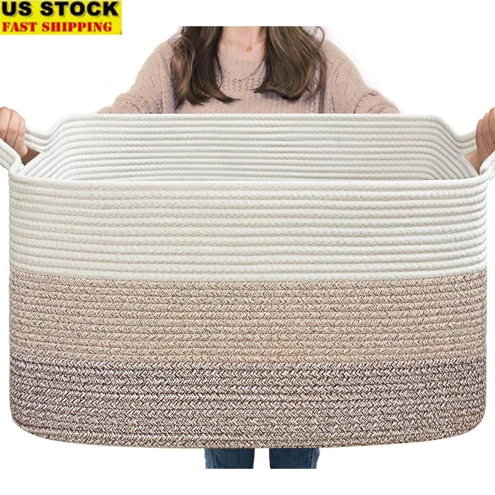 

Extra Large Rectangle Woven Storage Basket Toy Storage Blanket Organizer Soft Cotton Rope with Handles Living Room Bedroom