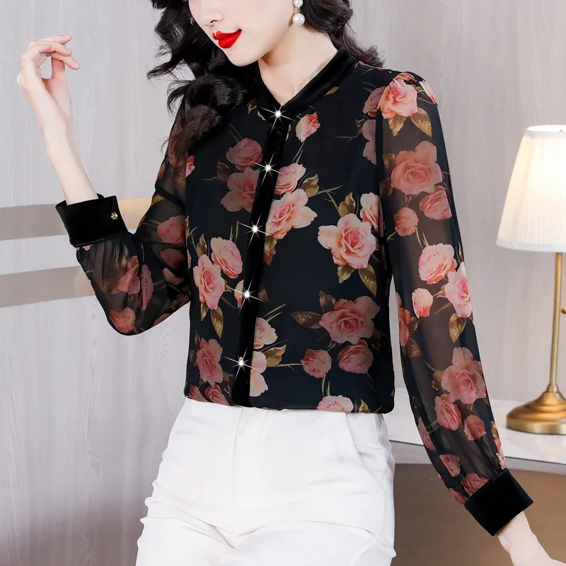 

Ladies Spring Korean All-match Printing Diamonds Loose Stand-up Collar Cardigan Long Sleeved Shirts Women Clothes Elegant XQ74