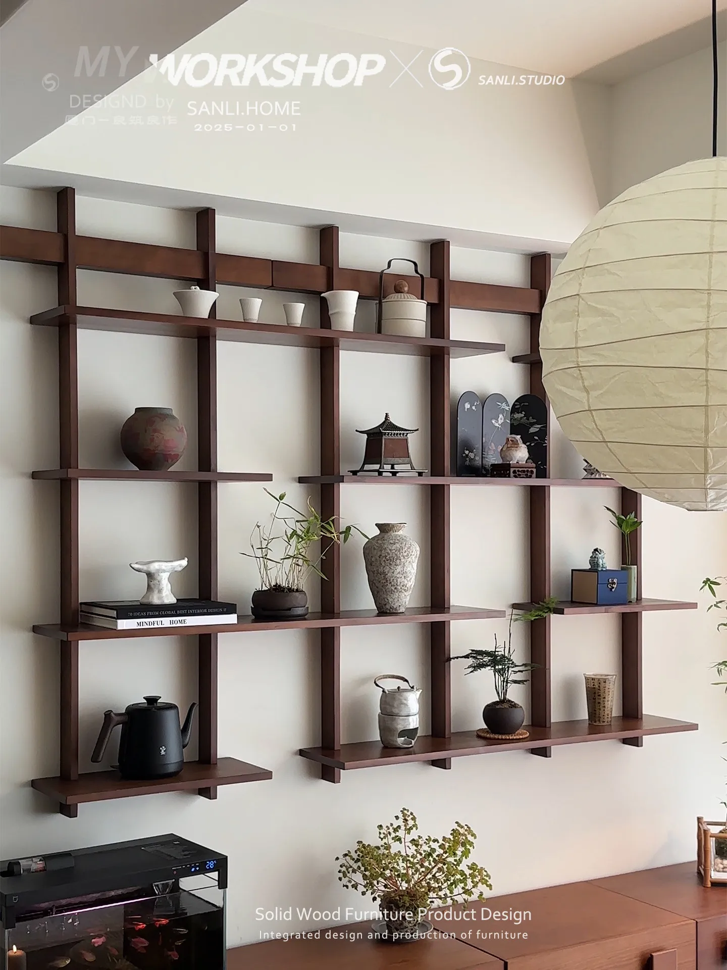 Solid wood bookshelf, living room wall wall hanging shelf, household display shelf, Bogu shelf, coffee shop wall hanging shelf
