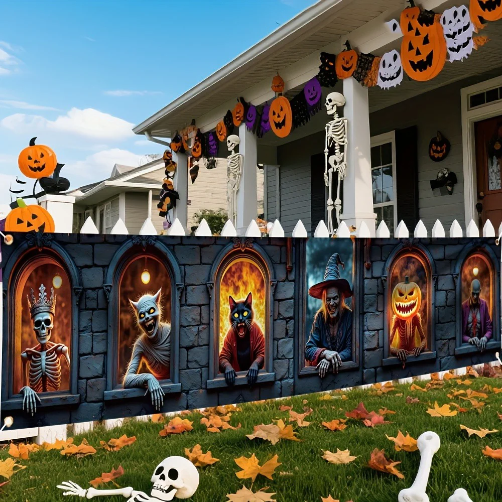 Halloween Horror Stone Window Fence Banner, Skeleton Witch Black Cat Werewolf Pumpkin Long Hanging Flag Yard Outdoor Decor