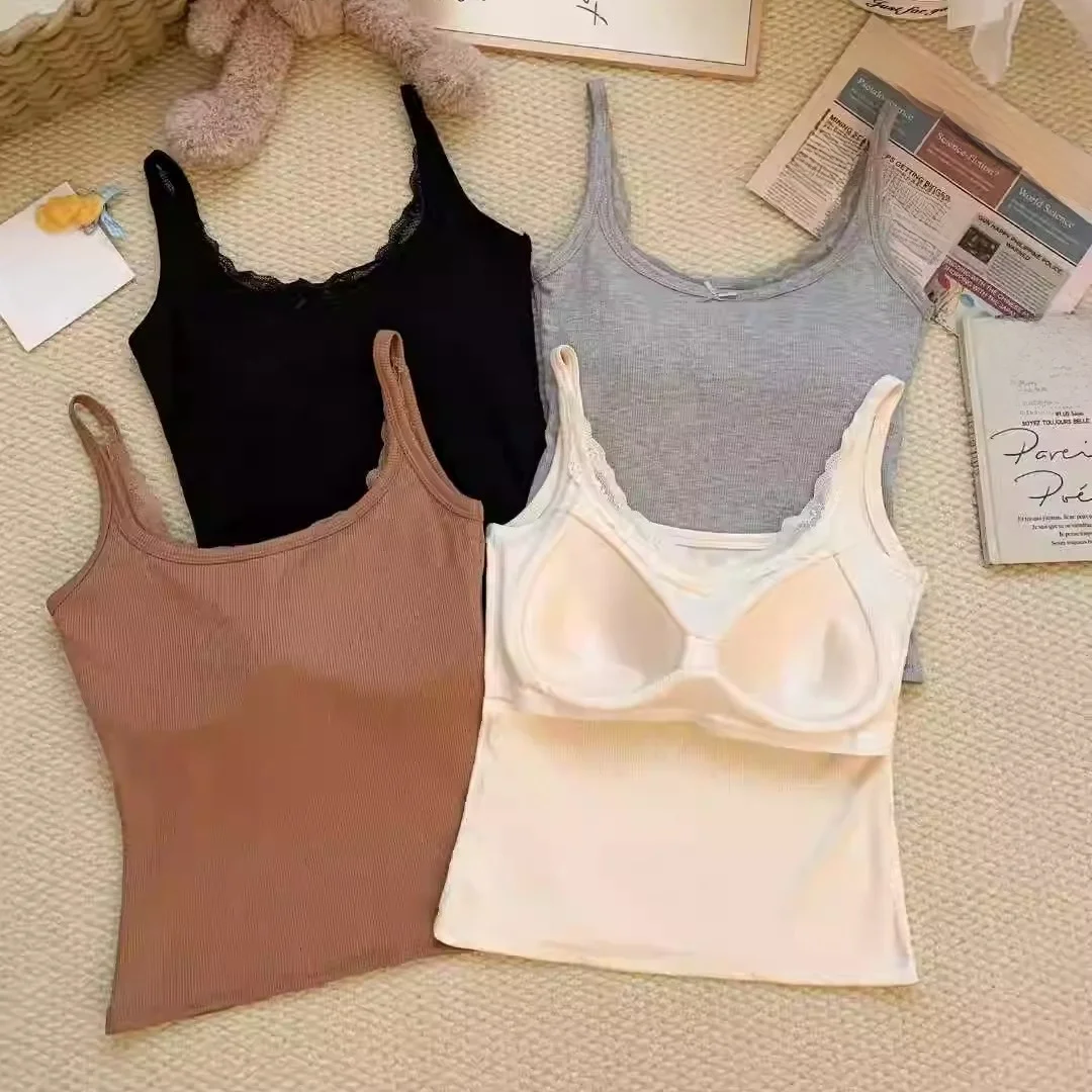Early Autumn Sweet Style Flocking Lace Trim Warm Strap Vest Women's Slimming Integrated Chest Pad Casual Cotton Blend U-Neck