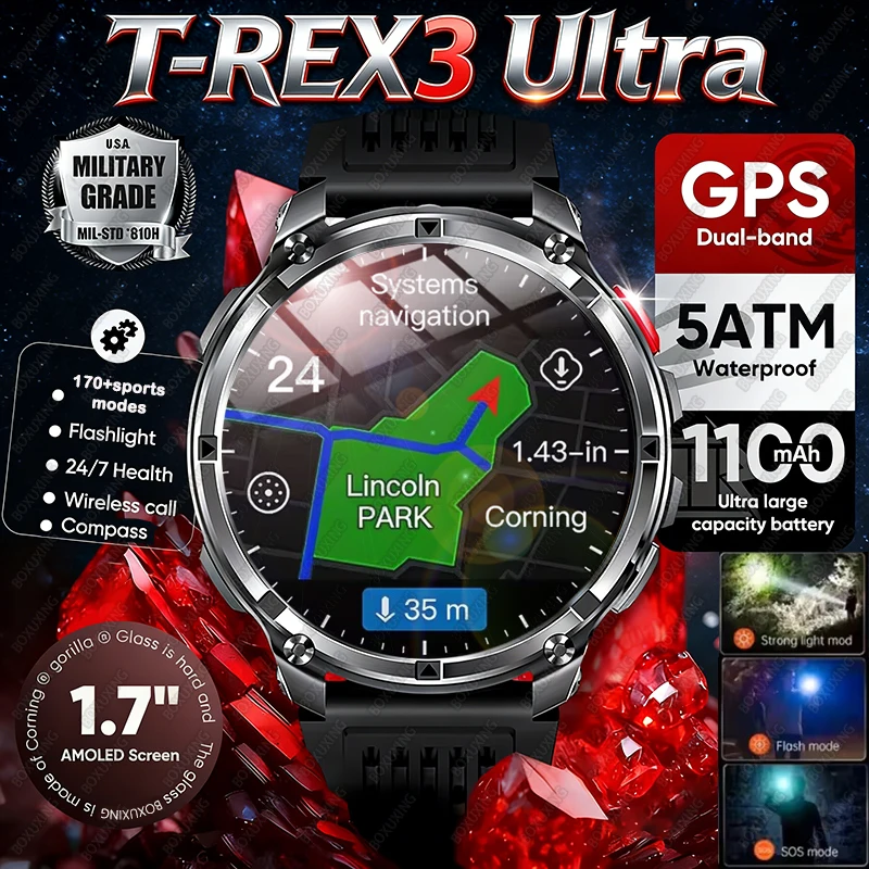 Nouvelle montre connectée pour homme T-Rex3 Ultra 2026 avec batterie ultra-capacité 1100 mAh, grand écran 1,7 pouces, appels et étanchéité 5 ATM, montre de sport