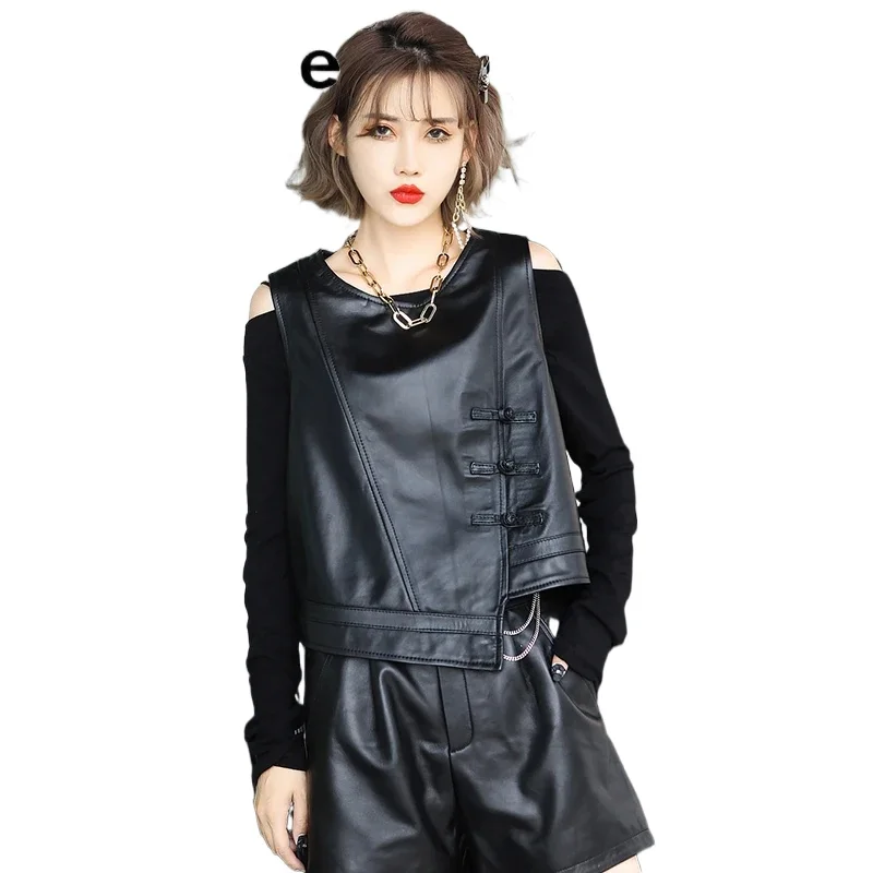 Tajiyane جلد طبيعي المرأة 2022 أوائل الربيع جديد غير النظامية سترة دون أكمام جلد الغنم الرجعية مشبك صدرية FCY109