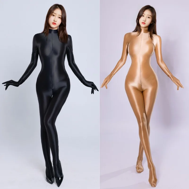 Sexy Shiny Long Sleeve Full Length Oil Tights Smooth Leotard Running Overall Yoga Zentai Casual Sport Jumpsuits Catsuits