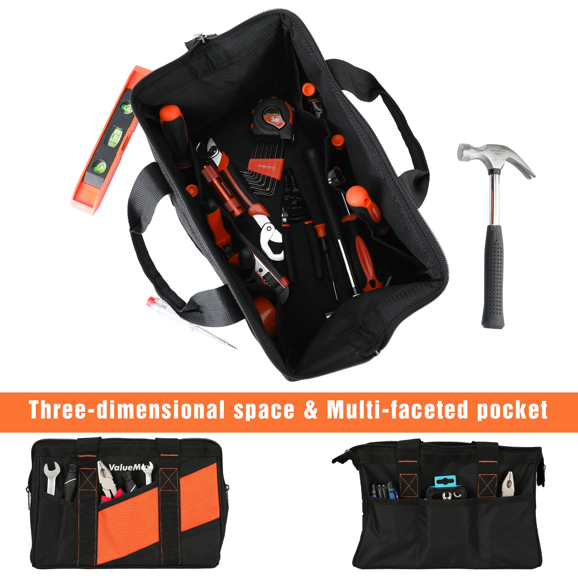 ValueMax 13-Inch Small Tool Bag, Wide Mouth Tool Bag with 12 Storage Pockets, Heavy Duty Orange Tool Tote Organizer