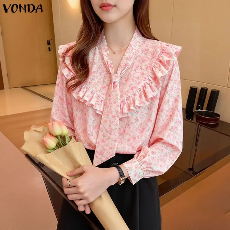 

VONDA Bohemian Floral Print Blouse Women Long Puff Sleeve Casual Shirts 2026 Spring V-Neck Tie Elegant Office Fashion Tops Blusa