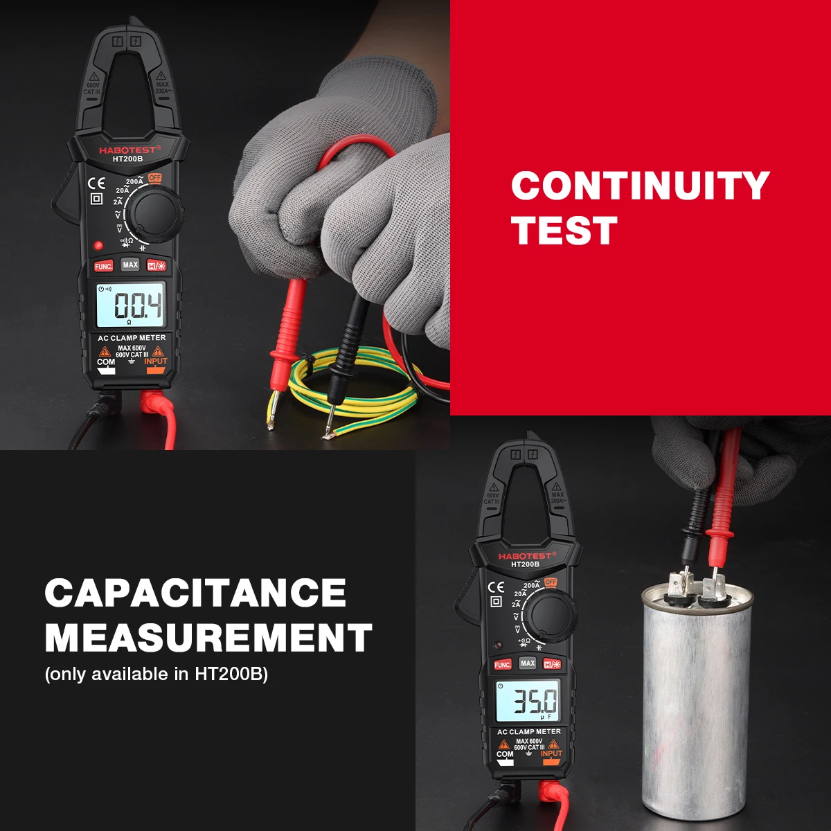 HABOTEST HT200 Digital Clamp Meter 600V AC/DC Voltage Tester with True RMS ohm Capacitance Continuity Measurement Voltmeter