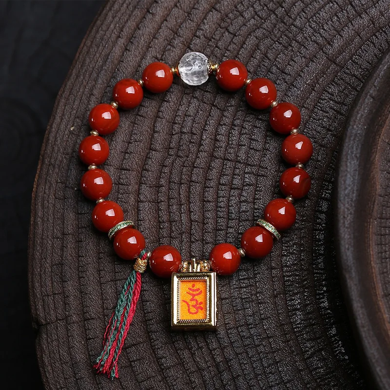 Natural Red Agate Bracelet Lunar New Year Red Beads Beaded Pure Handmade Thangka Pendant White Crystal Matching Beads Strings