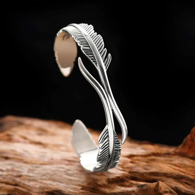 Retro Thai Silver Double Feather Bracelets 925 Sterling Silver Jewelry  Personality Leaf Creative Opening Bangles TYB126