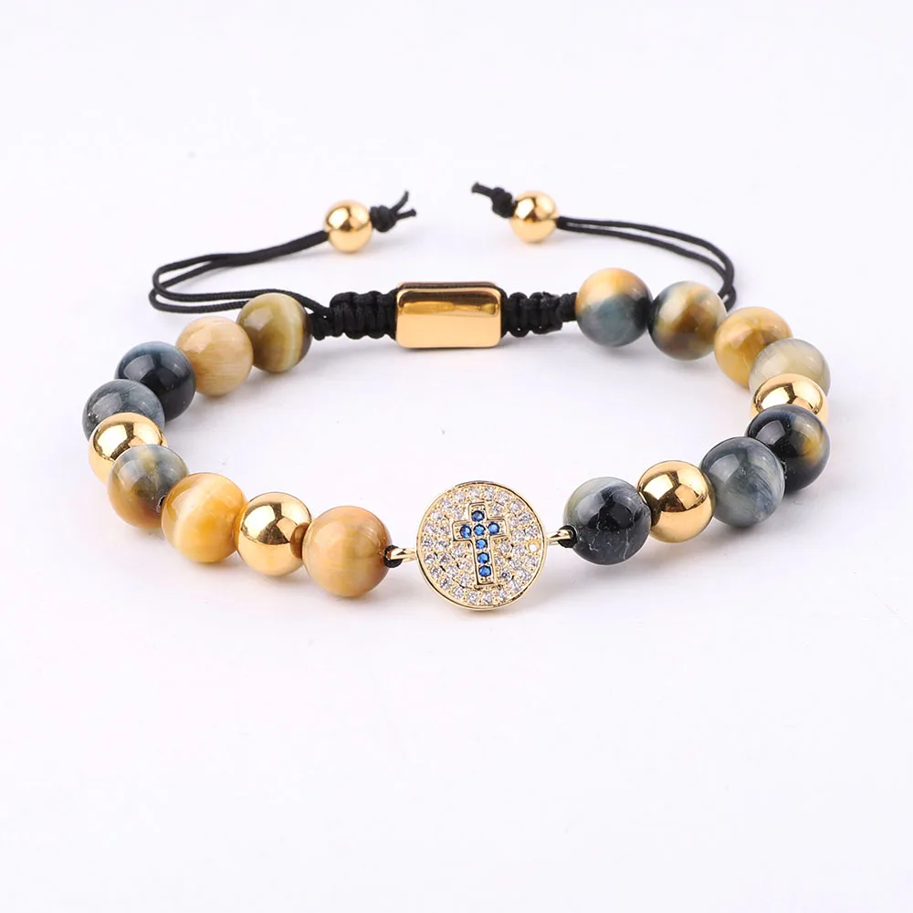 JARAVVI New Fashion CZ Pave Cross Charm Natural Stone Tiger Eye Beaded Macrame Custom Bracelet Men