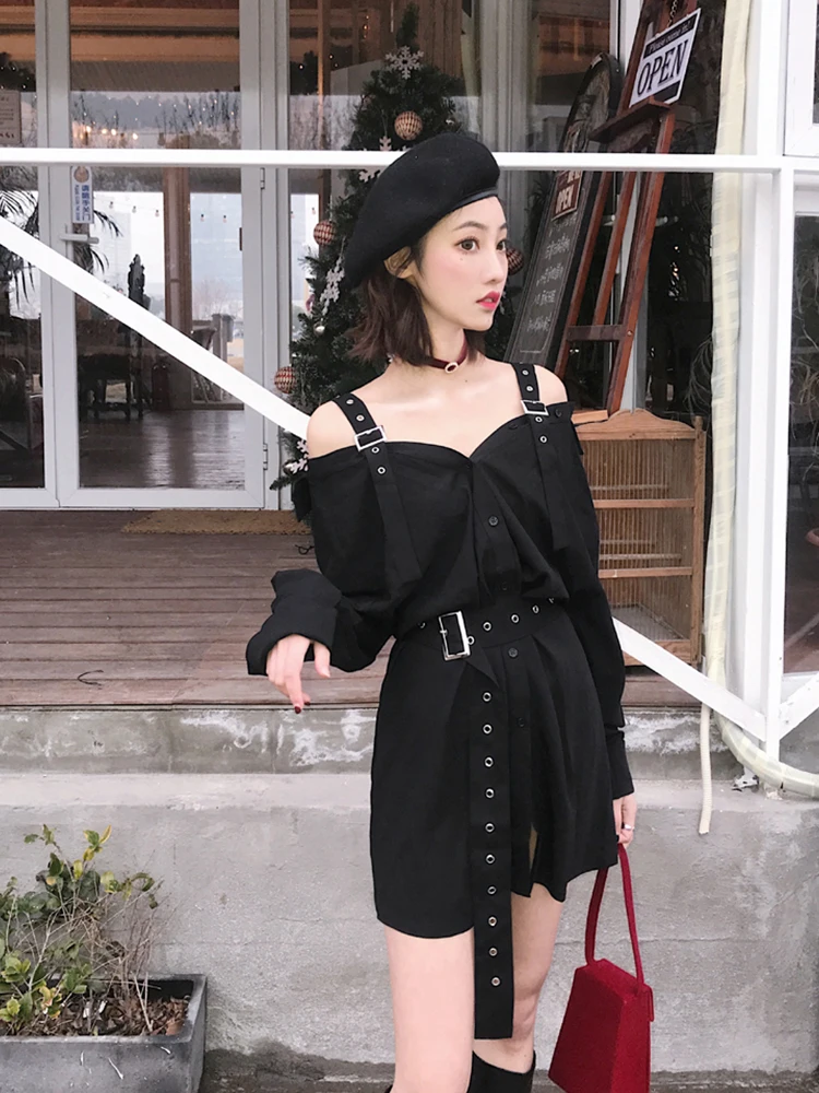 Fall Women Single-breasted Long Sleeve Mini Suspender Dress Gothic Tunic Frocks Y2k Streetwear Grunge Gyaru Design One-Piece New
