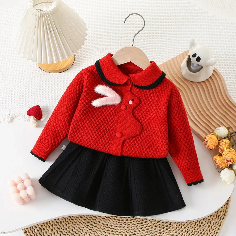 Children\'s Clothing Sets Three-dimensional Rabbit Knitted Cardigan + Pleated Skirt Baby Girl Winter Clothes Knit Sweater