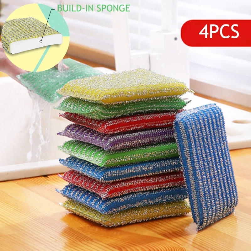 4PCS/Lot Stainless Steel Wire Sponge Scouring Cloth Kitchen Decontamination Clean Bowl/dish/pot Brush Household Cleaning Tool