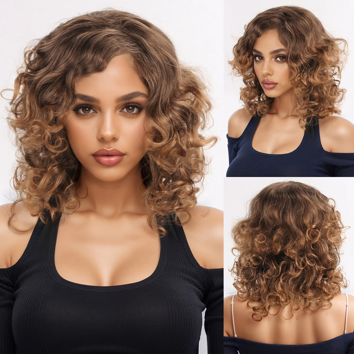 Wig, wool roll, medium length hair, slanted bangs, fluffy natural small curly hair Synthetic fiber wig