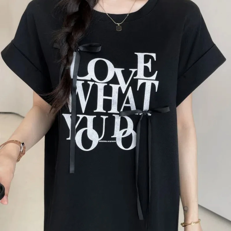 ルーズブラックドレス 2025 夏プラスサイズの女性の Tシャツドレス弓半袖女性ローブプリントレターカジュアル Vestido KE6813