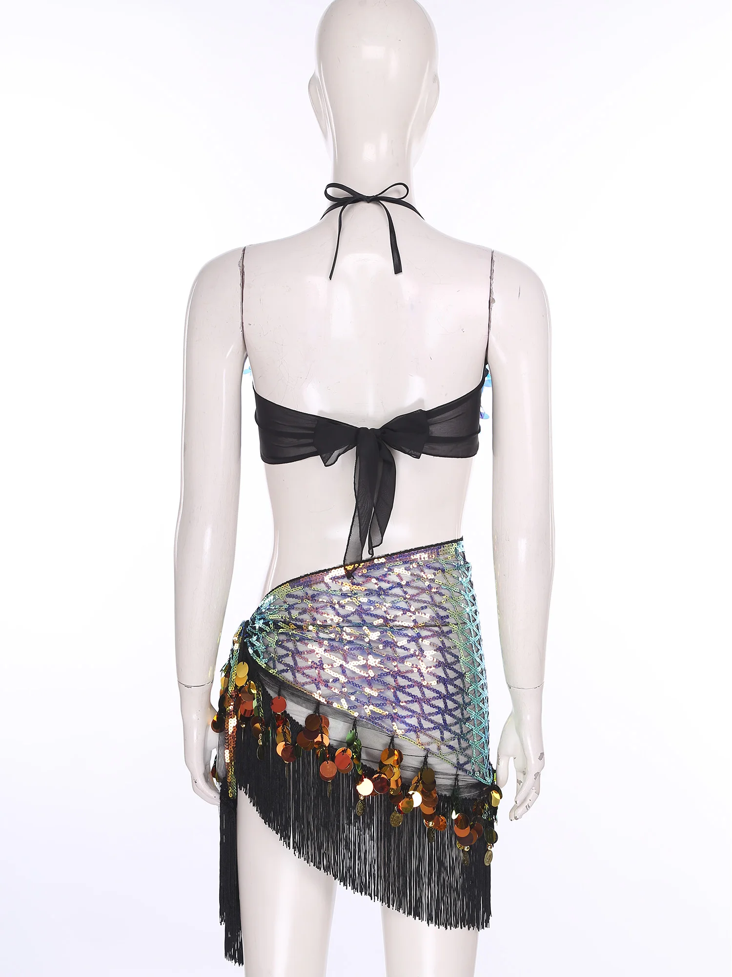 Damski seksowny zestaw do tańca brzucha: łańcuszek na pas, chusta na biodra, cekinowy top, spódnica z frędzlami, strój sceniczny, nowy kostium na Halloween, przebranie syreny.