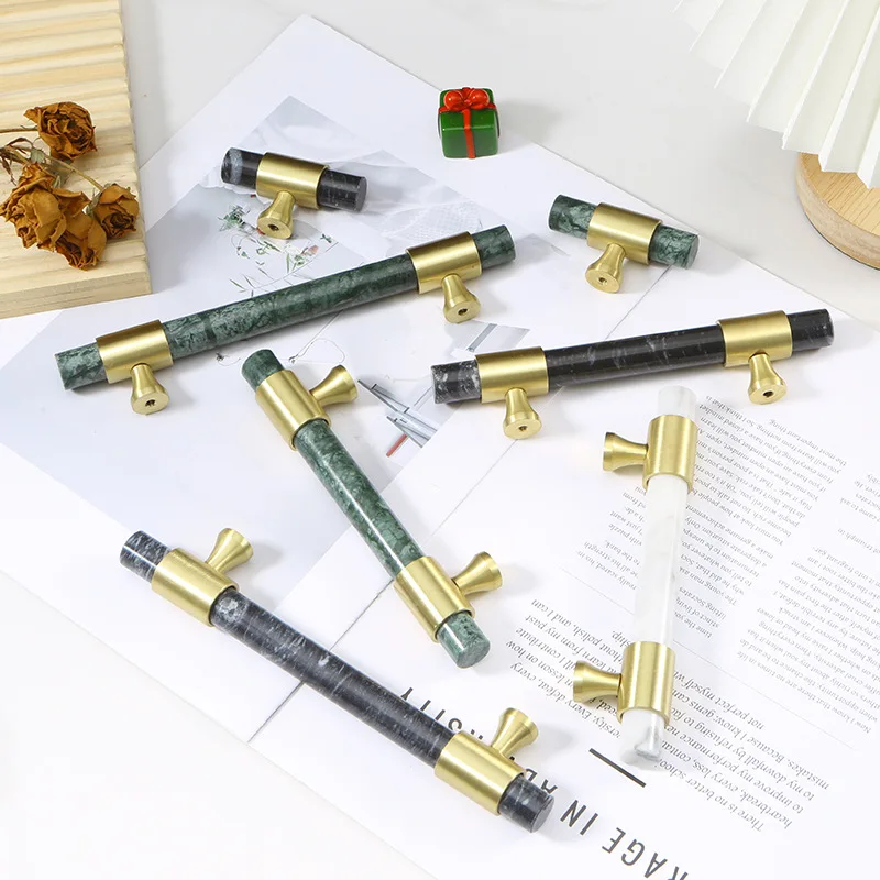 Cabinet Handle Natural Marble Brass Handle and Knob Light Luxury Cabinet Door Drawer Furniture Handle Kitchen Drawer Handles