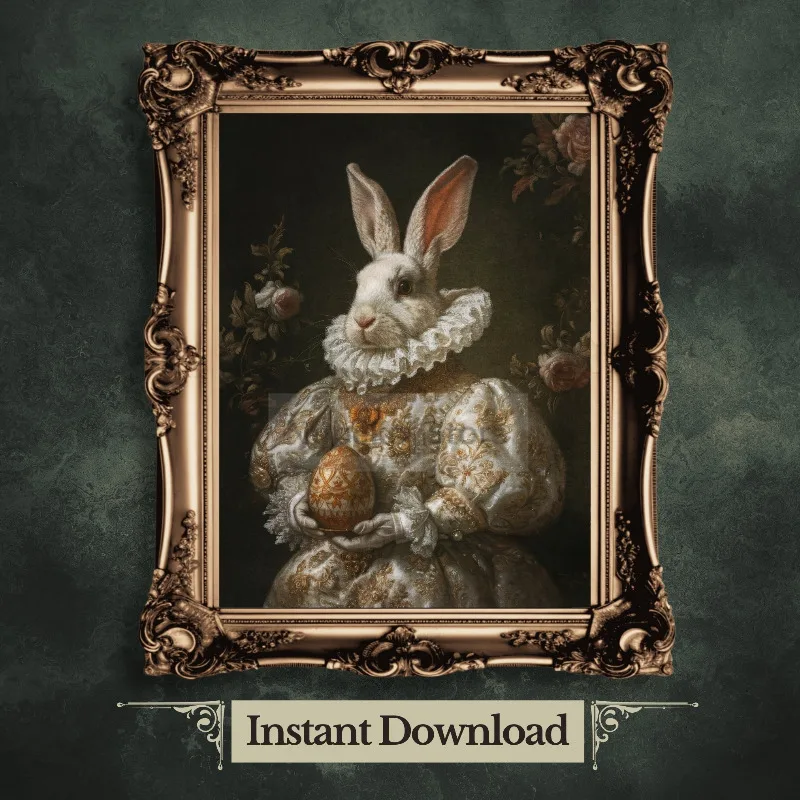 Victorian Easter Bunny Rabbit Wall Art Spring Animal Portrait Painting Vintage Hare Artwork Dark Academia Poster Goth Decor