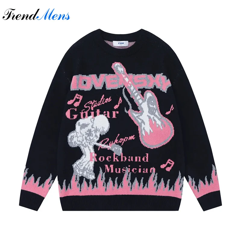 

Rock and Roll Anime Flame Jacquard Pullover Men Fashion Contrasting Color Long Sleeved Knit Couples Comfortable Harajuku Sweater