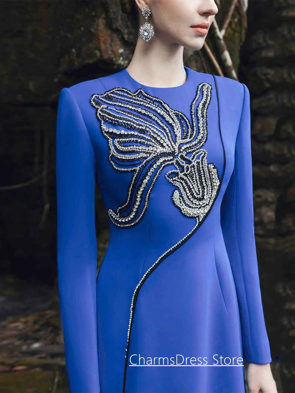 Nieuwe collectie koningsblauwe avondjurk op maat gemaakte lange mouwen ronde hals staaflijst een lijn Arabische feestjurk galajurken