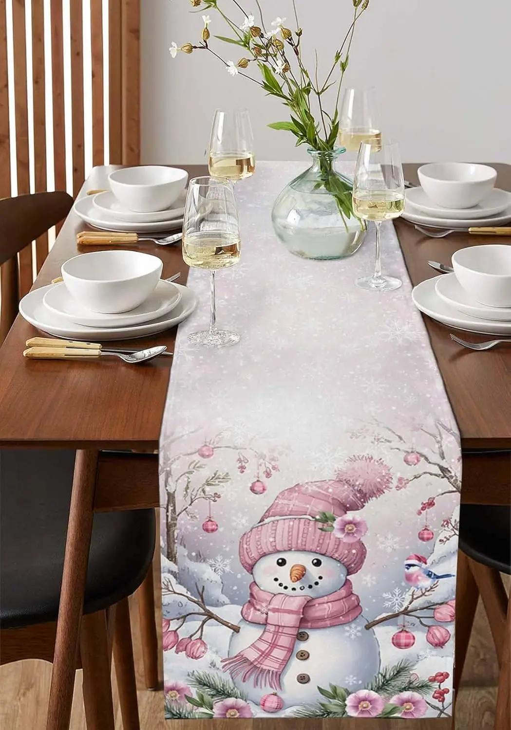 Christmas Snowman Bird Print Linen Table Runner Holiday Party Decor Winter Snowflakes Dining Table Runners Christmas Decorations