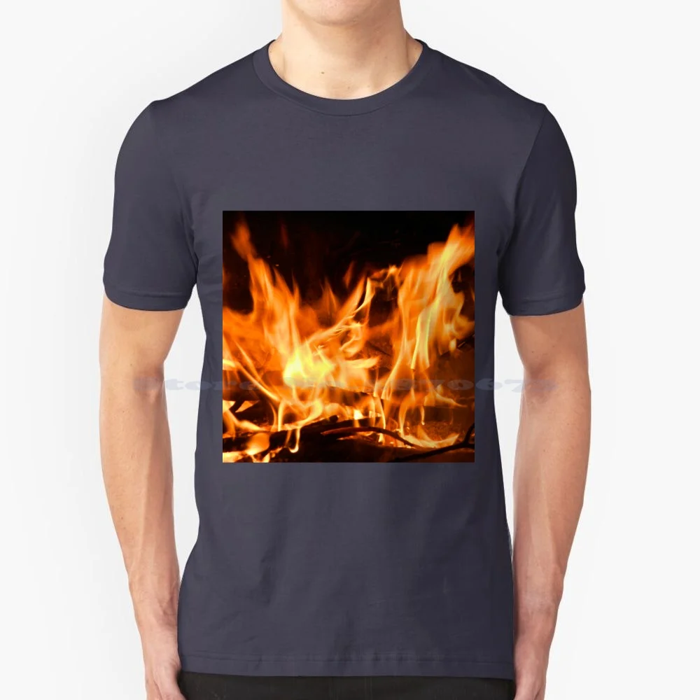 Wood Fire Print T Shirt 100% Cotton Tee Fire Cups Pyromaniac Fire Bug Camping Concert Bikers Barby Bbq Cook Grill Chef Fire